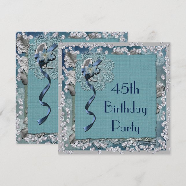 Blue Lace & Diamonds 45. Geburtstag Einladung (Vorne/Hinten)