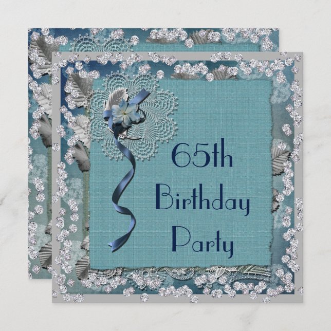 Blue Lace & Diamonds 65. Geburtstag Einladung (Vorne/Hinten)
