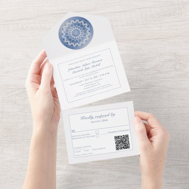 Blue Lace Mandala Wedding All In One Einladung (Abreißen)