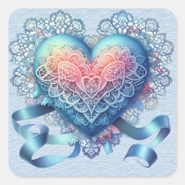 Blue Lace Ribbons Valentine Heart Quadratischer Aufkleber (Vorderseite)