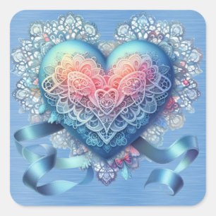 Blue Lace Ribbons Valentine Heart Quadratischer Aufkleber