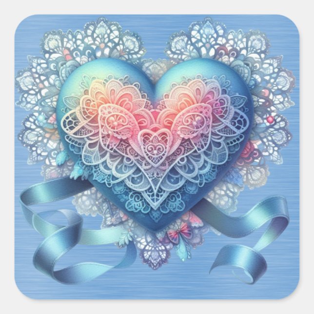 Blue Lace Ribbons Valentine Heart Quadratischer Aufkleber (Vorderseite)