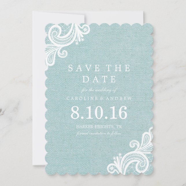Blue Lace und Burlap Save the Date (Vorderseite)
