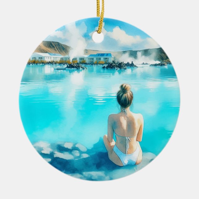 Blue Lagoon Island Watercolor Keramik Ornament (Vorne)