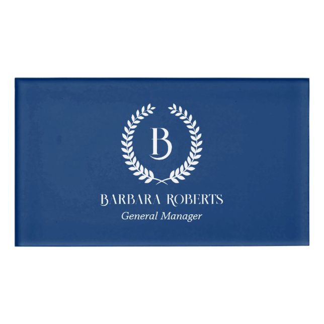 Blue Laurel Wreath Custom Monogram Namenschild (Vorderseite)