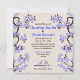 Blue Lavender Sakura und Liebesvögel Hochzeit Einladung