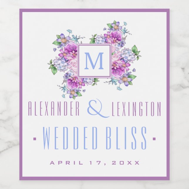 Blue Lavender Watercolor Blume Monogram Wedding Weinetikett (Einzelnes Label)