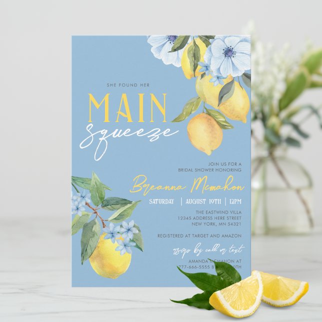 Blue Lemon fand ihr Haupt-Squeeze-Brautparty Einladung (Beautiful Blue Watercolor Lemon She Found Her Main Squeeze Bridal Invitations)