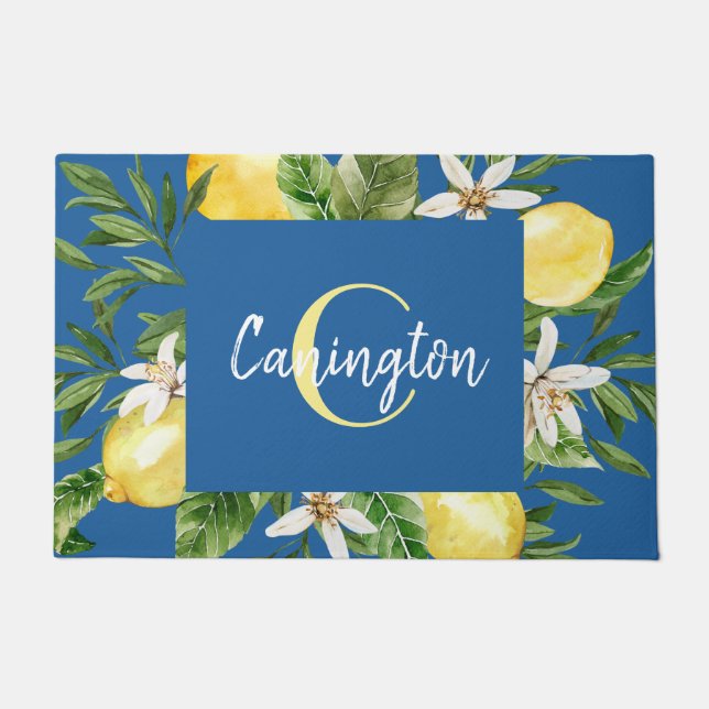 Blue & Lemon Median Monogram Name New Zuhause Fußmatte (Vorderseite)