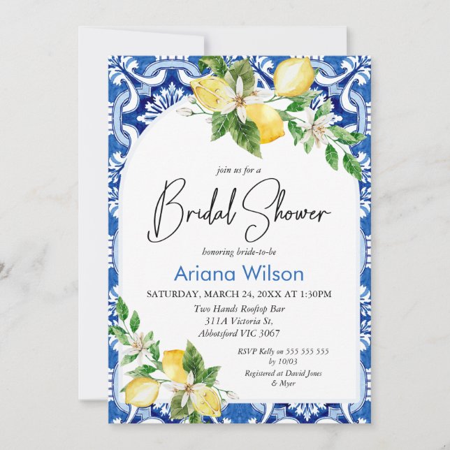 Blue Lemon Tile Bridal Dusche Einladung (Vorderseite)