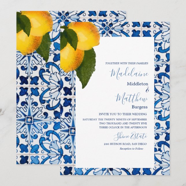 Blue Lemon Tile Chic Stilvolle Hochzeit Einladung (Vorne/Hinten)