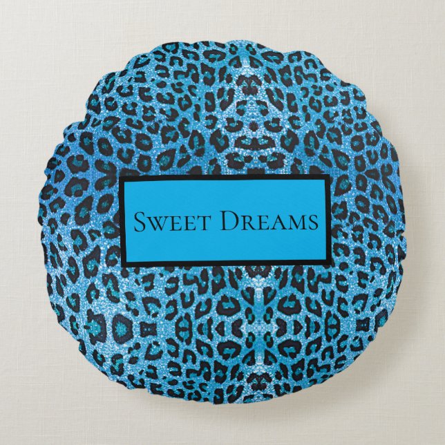 Blue Leopard Imitate Sparkle Sweet Dreams Modern C Rundes Kissen (Vorderseite)