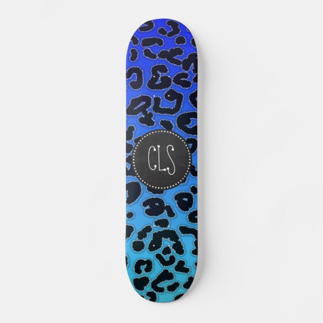 Blue Leopard Print; Chalkboard-Look Skateboard (Vorderseite)