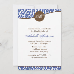 Blue Leopard Print Monogram Birthday Einladung