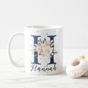 Blue Letter H Peach Creme Floral Monogram Kaffeetasse