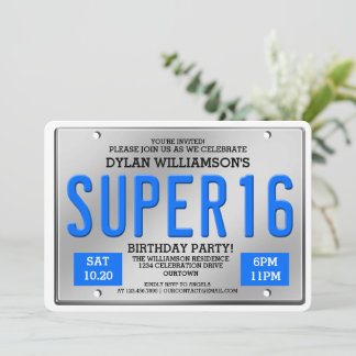 Blue License Plate Super 16 Party Einladungen