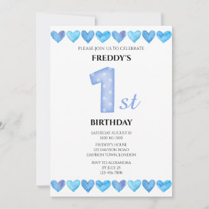 Blue Liebe Hearts 1. Geburtstag Foto Einladung