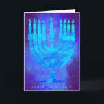 Blue Light Hanukkah Holiday Card mit Menorah Karte<br><div class="desc">Schöne Blues scheint auf dieser Happy Hanukkah Urlaubskarte zu leuchten. Unter den Menorah sind die Worte: Frieden Liebe Licht. Der innere Gruß lautet: Herzliche Wünsche an der Hanukka für den Frieden in Ihrer Zuhause, in Ihrem Herzen und in der ganzen Welt. Happy Hanukka! Fügen Sie einfach Ihren Namen unter dem...</div>
