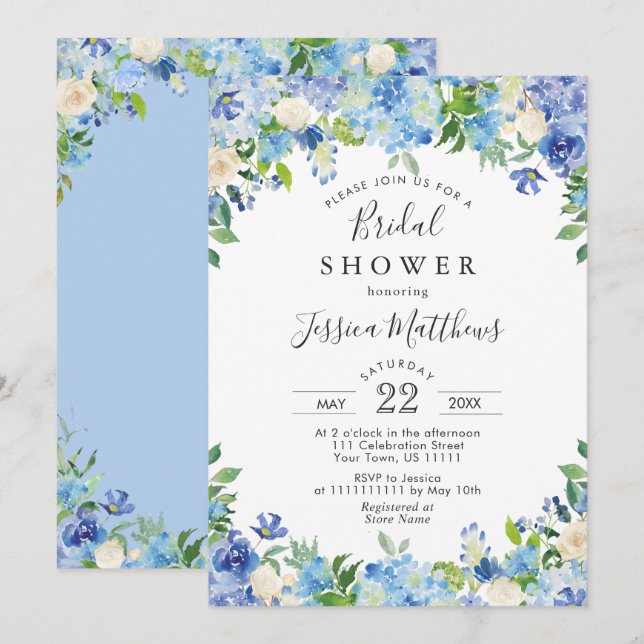 Blue Light Watercolor Hydrangea Brautparty Einladung (Vorne/Hinten)