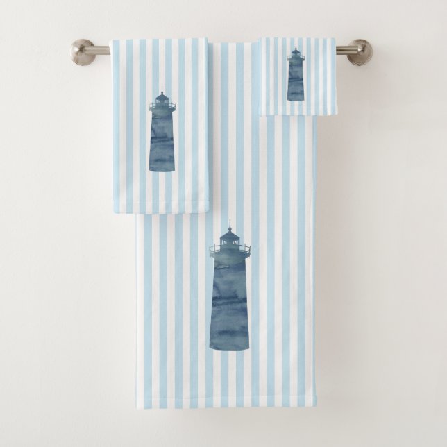 Blue Lighthouse Blue Stripe Nautical Badhandtuch Set (Insitu)