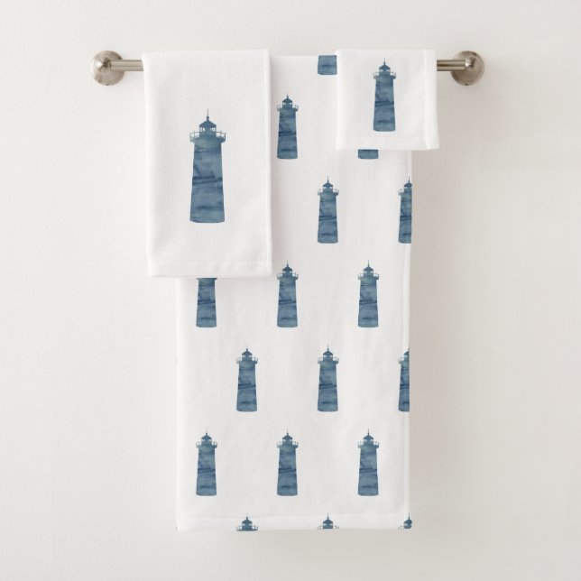 Blue Lighthouse Nautical Bath Handtuch Set (Insitu)
