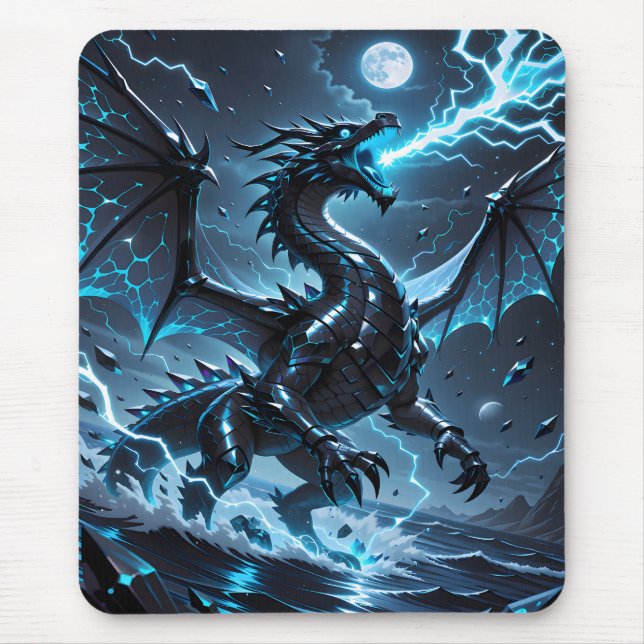 Blue Lightning Black Dragon Storm Fantasy Gaming Mousepad (Vorne)