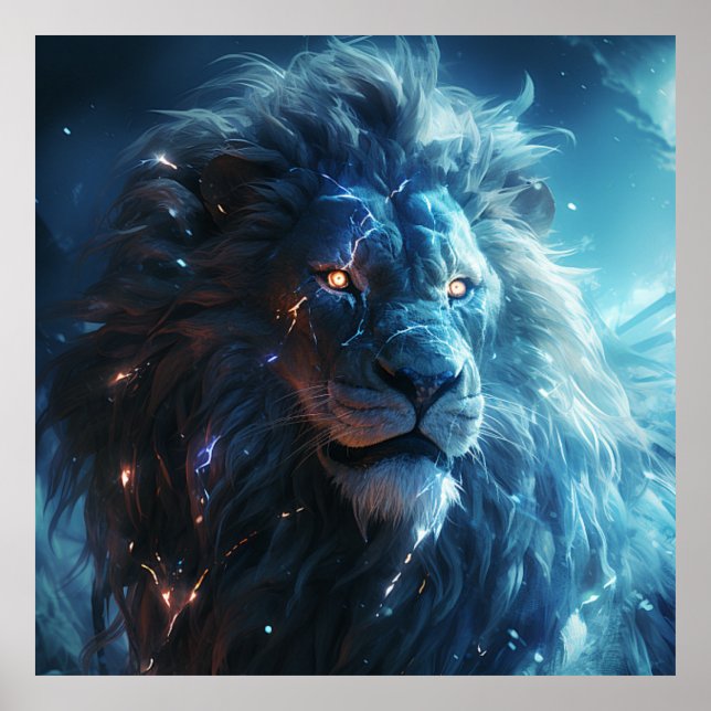 Blue Lightning Lion Face Art Poster (Vorne)