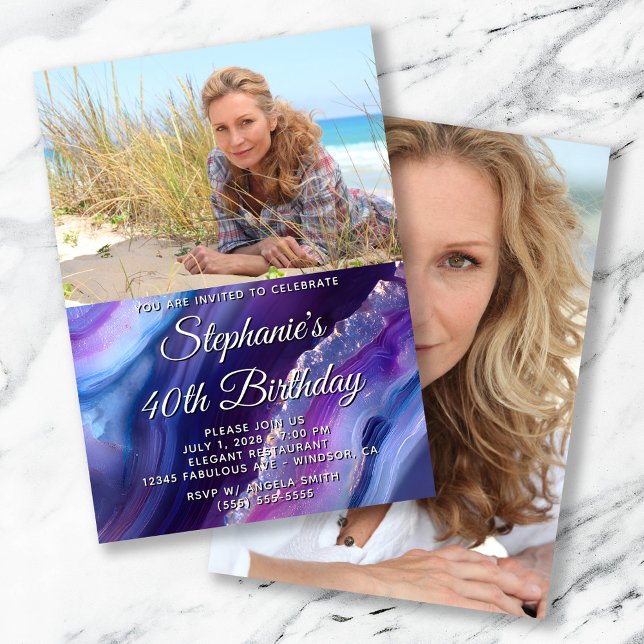 Blue Lila Agate Elegant Foto 40. Geburtstag Einladung (Blue Purple Agate Elegant Photo 40th Birthday Invitation)