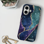 Blue Lila Aqua Gold Veins Agate Monogram iPhone 16 Hülle<br><div class="desc">Mit diesem schicken Design mit Ihrem Monogramm und farbenfrohen Blautönen,  lila und Aqua-Agate schützen Sie Ihr Handy stilvoll mit metallischen goldenen Folienadern und funkelnd Sternen.</div>