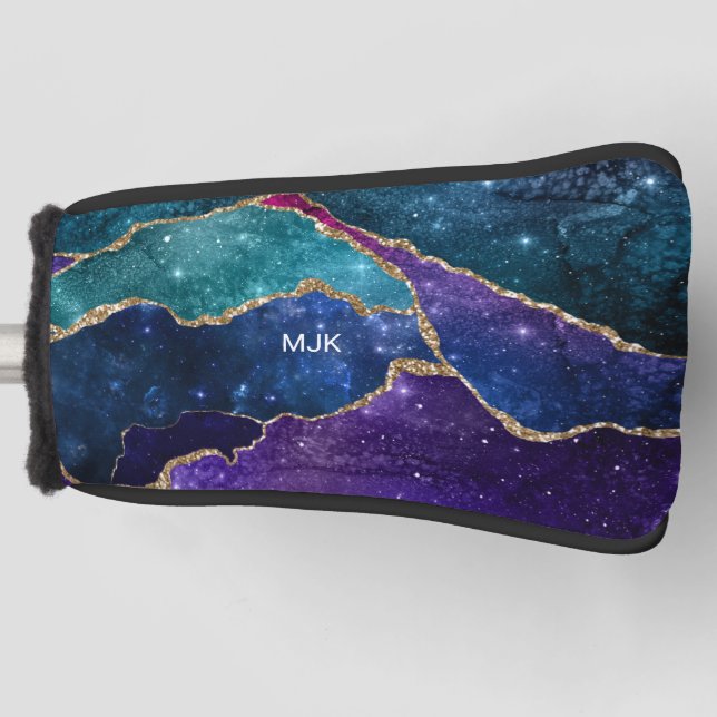 Blue Lila Aqua Gold Veins Agate Monogram Golf Headcover (Vorderseite)