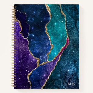 Blue Lila Aqua Gold Veins Agate Monogram Notizbuch