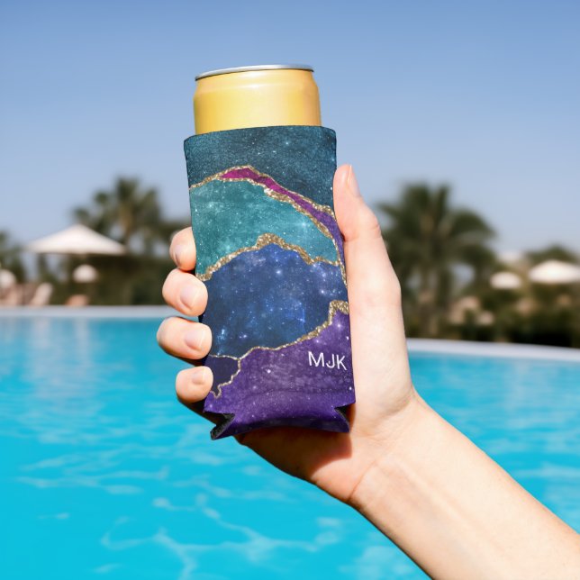 Blue Lila Aqua Gold Veins Agate Monogram Selters Dosenkühler (In Situ Pool)