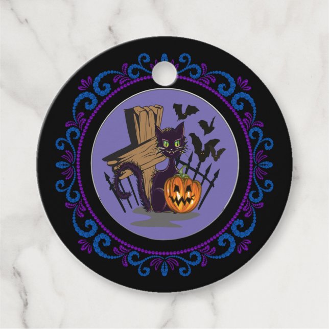 Blue Lila Black Cat Grabstein Fledermäuse Hallowee Geschenkanhänger (Vorderseite)