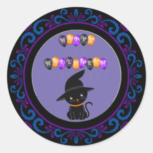 Blue Lila Black Cat Happy Halloween Balloons Runder Aufkleber