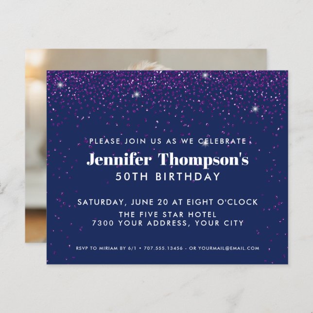 Blue lila Confetti Glitzer 50. Geburtstag Foto (Vorne/Hinten)
