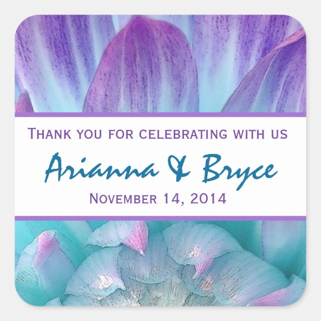 Blue Lila Dahlia Blume Wedding Danke 004F Quadratischer Aufkleber (Vorderseite)