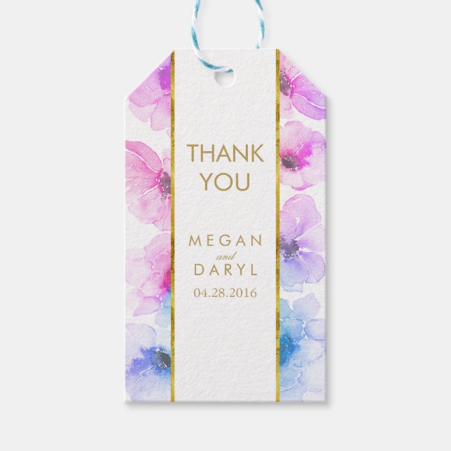 Blue Lila Floral Gold Rahmen Chic Wedding Geschenkanhänger (Vorderseite)