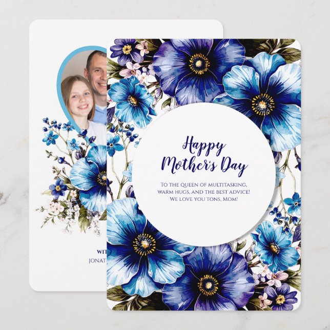 Blue Lila Floral Mother Day Custom Foto Card Einladung (Vorne/Hinten)