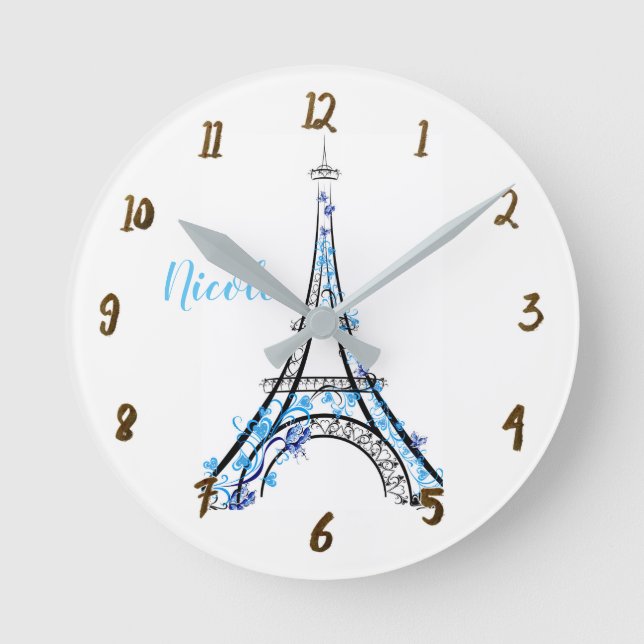 Blue Lila Floral Paris Eiffelturm Personalisiert Runde Wanduhr (Vorderseite)