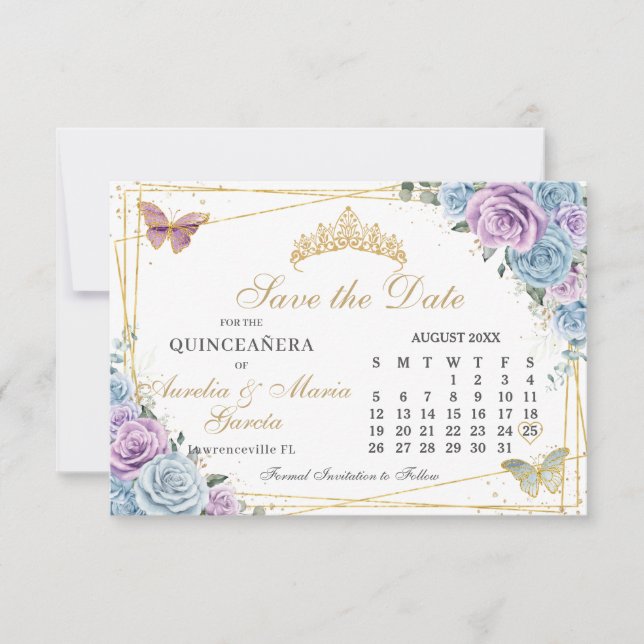 Blue Lila Floral Twins Quinceanera Kalender Save The Date (Vorderseite)