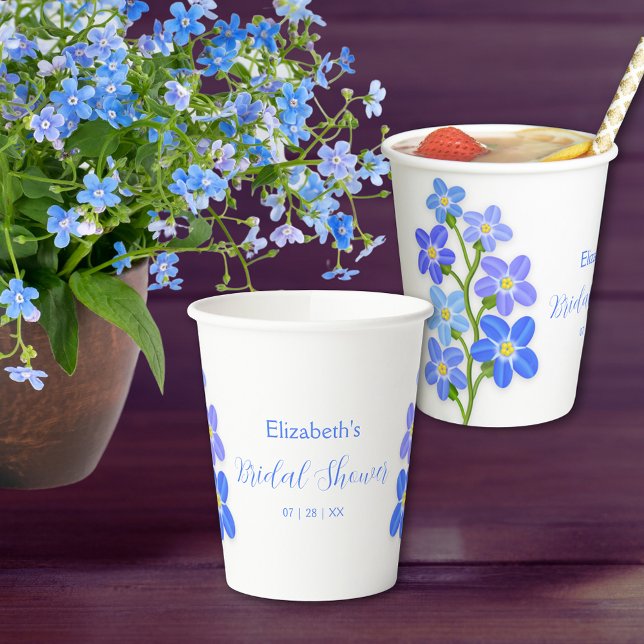 Blue Lila Floral Vergiss-Me-Nots-Brautparty Pappbecher (Blue Purple Floral Forget-Me-Nots Bridal Shower Paper Cups)