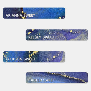 Blue Lila & Gold Abstrakte Alkoholtinte wasserdich Etiketten