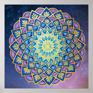 Blue Lila Golden Blume Mandala Galaxy Poster