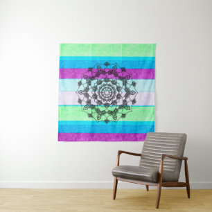 Blue Lila Green Mandala Wall Art Wandteppich