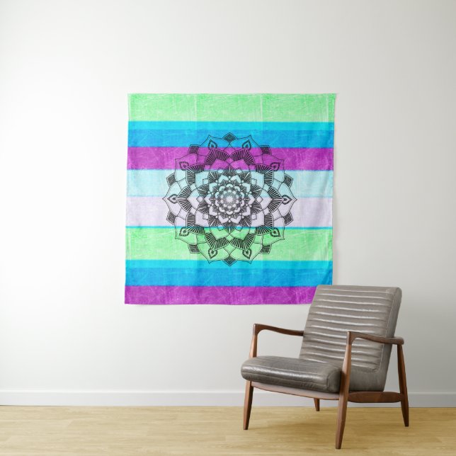 Blue Lila Green Mandala Wall Art Wandteppich (Beispiel (Horizontal))