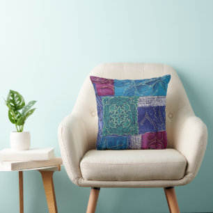 Blue Lila Green Patchwork Reversible Boho Kissen