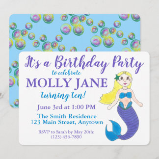 Blue Lila Ocean Mermaid Bubbles Birthday Party Einladung