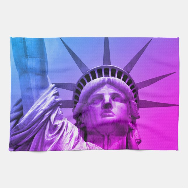 Blue Lila Pop Art Statue of Liberty New York Geschirrtuch (Horizontal)
