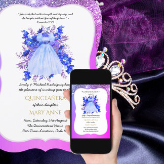 Blue Lila Quinceñera BLUE Floral Elegante Einladung