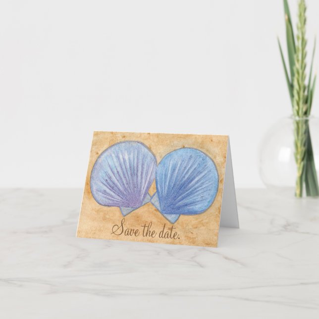 Blue Lila Seashells Sand Save the Date Note Card Einladung (Vorderseite)